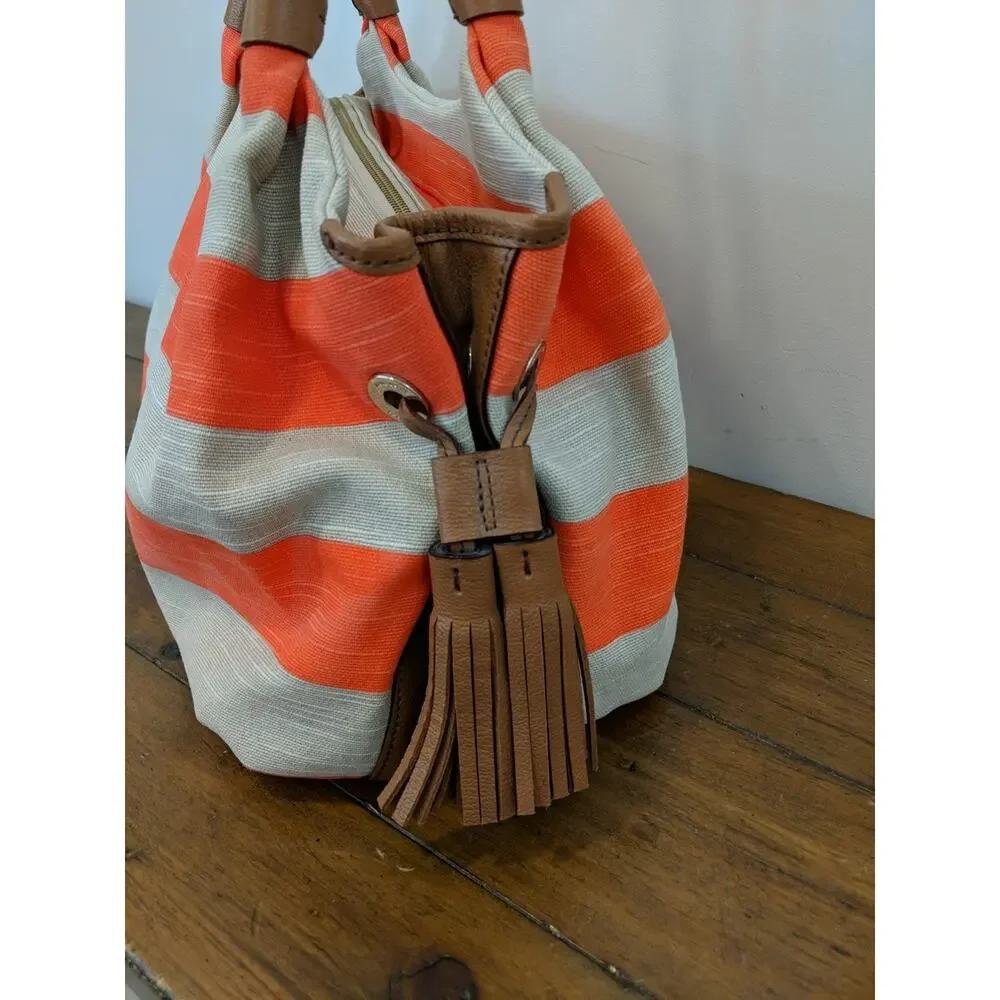 Kate Spade Jubilee Stripe Stevie Shoulder Bag Orange/Khaki Canvas EUC